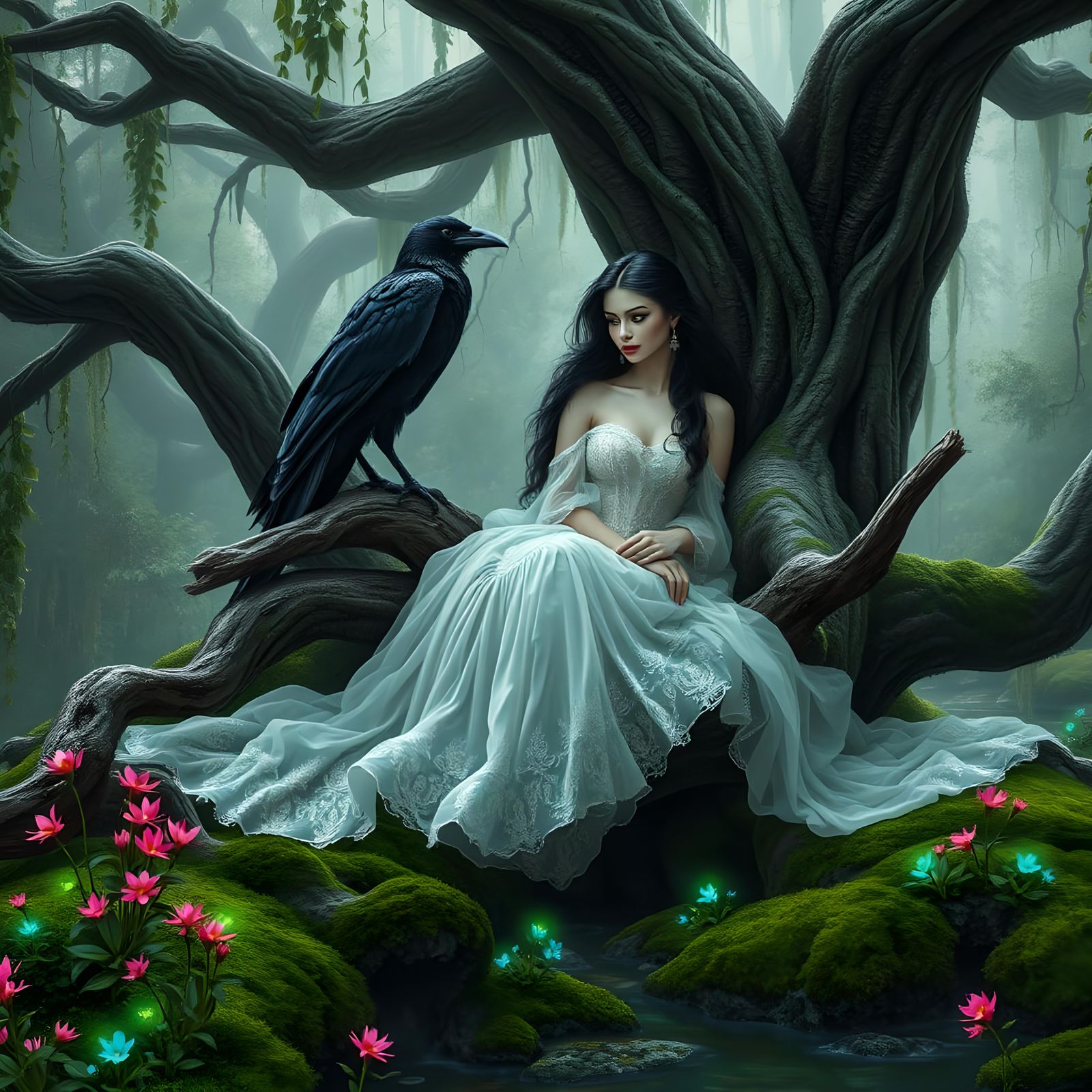 Gothic Woman Protected by Raven in Ancient Forest