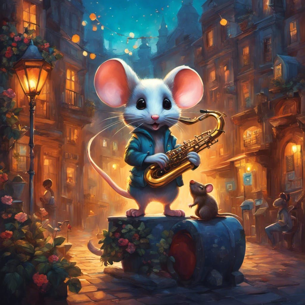 Chibi Mouse Saxophonist in Romantic Street Scene