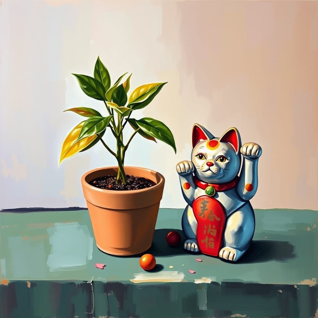 Vibrant Oil Painting of a Potted Plant and Lucky Cat