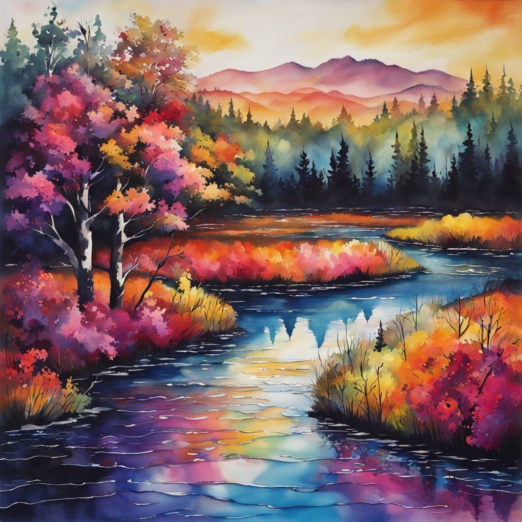 Vibrant River Landscape in Alcohol Ink Style
