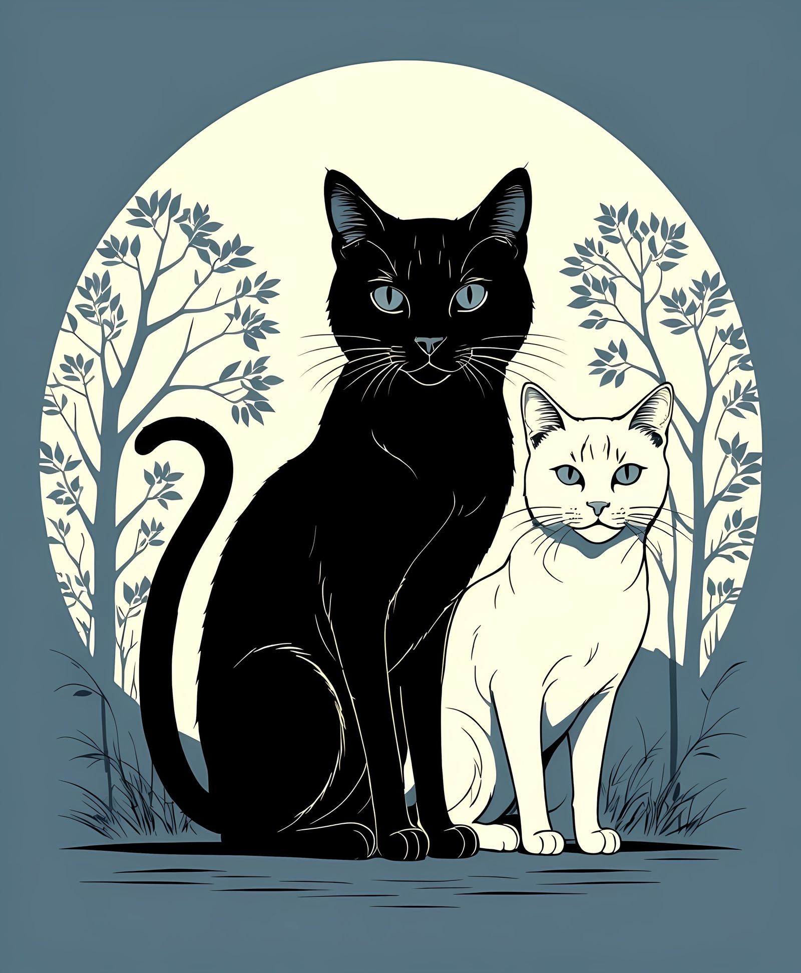 Bold Black and Gray Cats in Blue Minimalist Poster Art