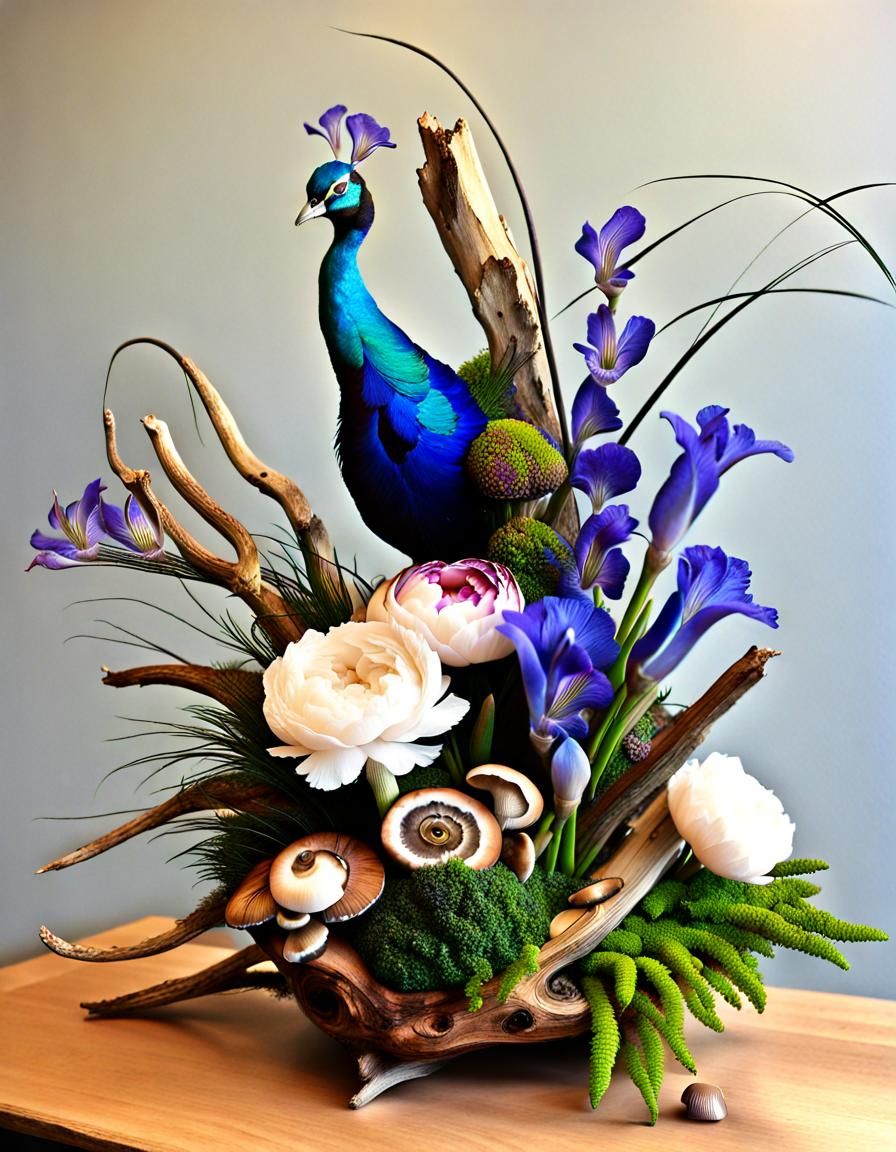 Elaborate Ikebana Flower Arrangement with Driftwood