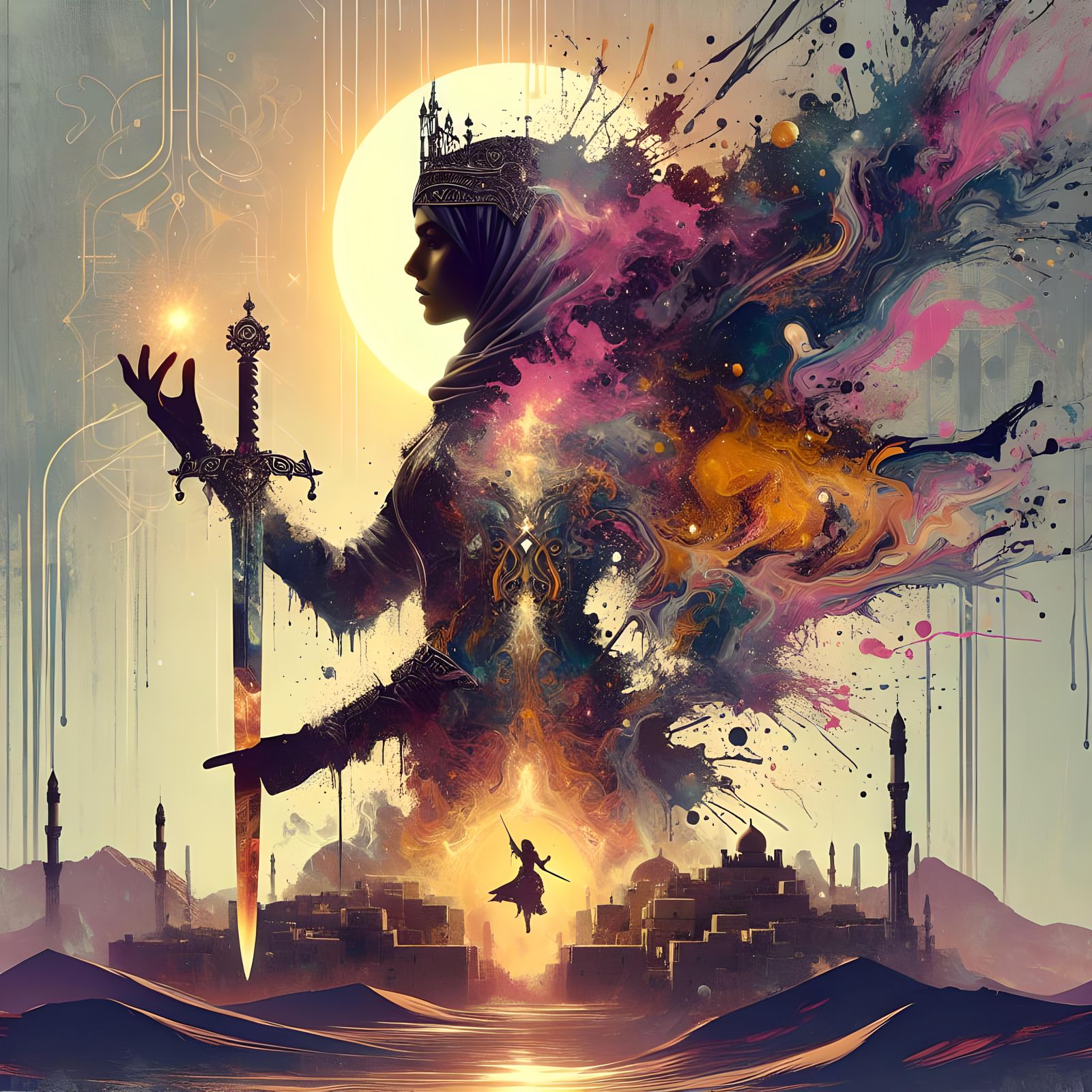 Warrior Woman Double Exposure in Steampunk City