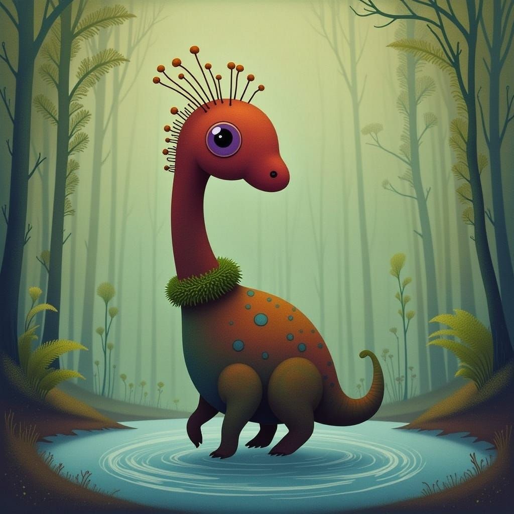 Whimsical Baby Dinosaur in Forest, Digital Art