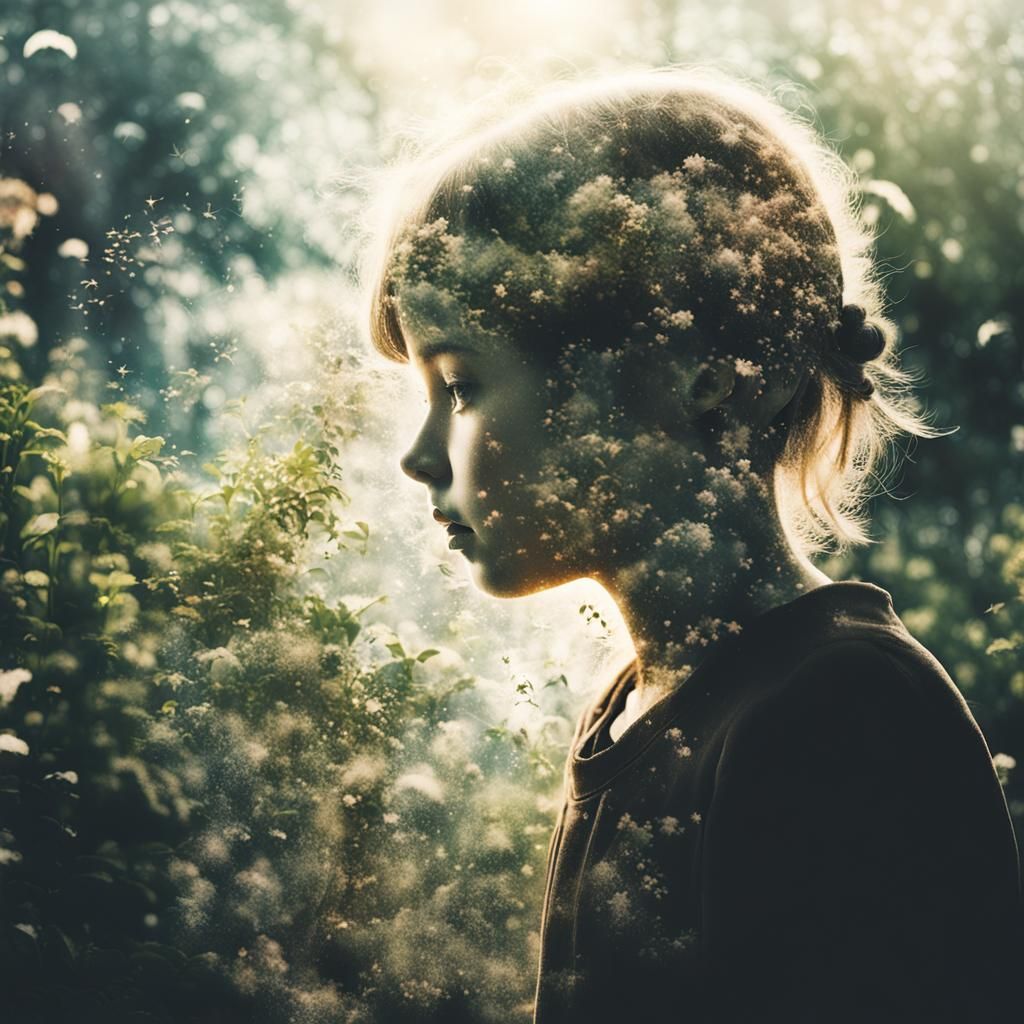 Double Exposure Portrait of Girl in Garden Light