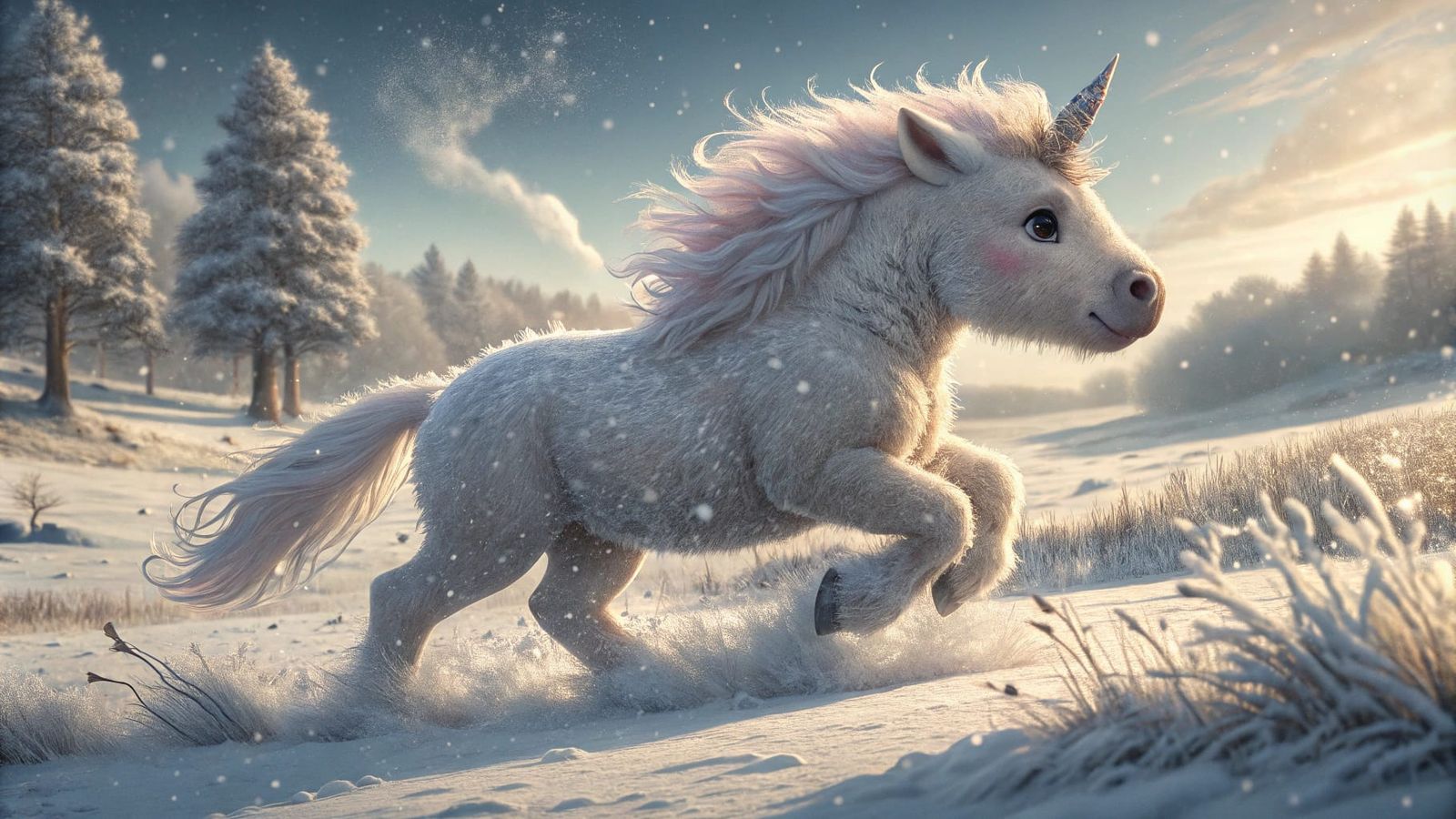 Chubby Baby Unicorn Gallops Through Winter Wonderland