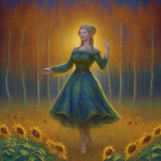 Elven Children Dancing in Burning Forest: Pointillism Art