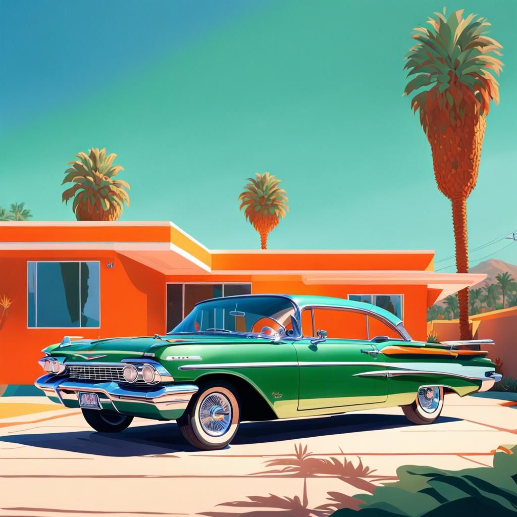 Green 1960 Chevrolet Impala Beside Palm Springs House