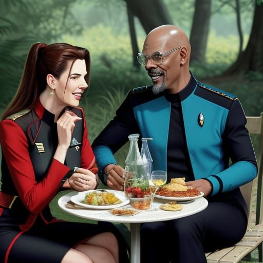 The spotted Trill Jadzia Dax (Terry Farrell), on a friendly picnic on an alien world with bald Benjamin Sisko (Avery Bro...