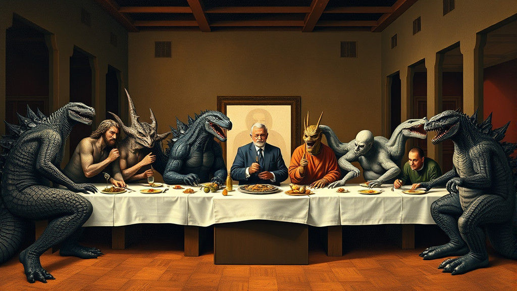 Kaiju Parody of The Last Supper in Mackintosh Style