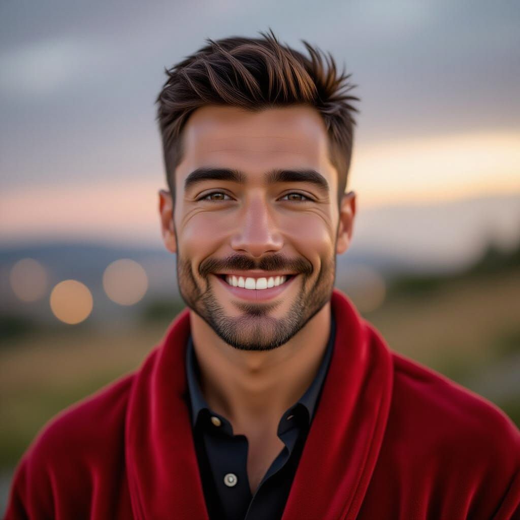 Handsome Man in Red Velvet Bathrobe - Dramatic Portrait