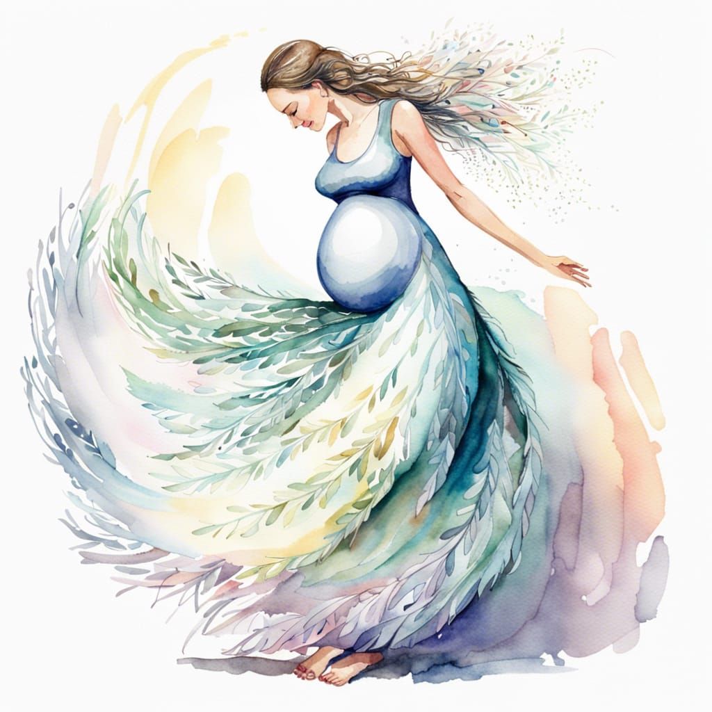 Watercolor: Joyful Pregnant Woman Dancing in Feathers
