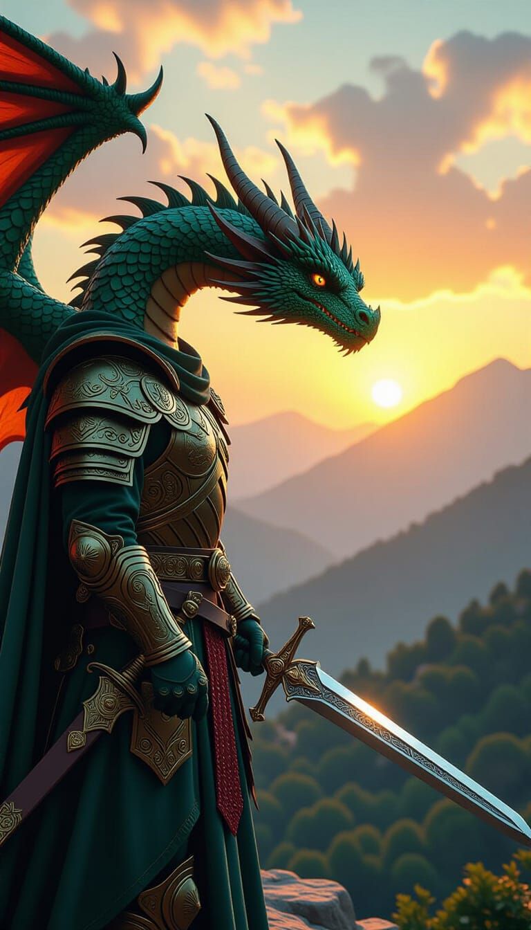 Syrian Dragon and Futuristic Warrior at Sunrise