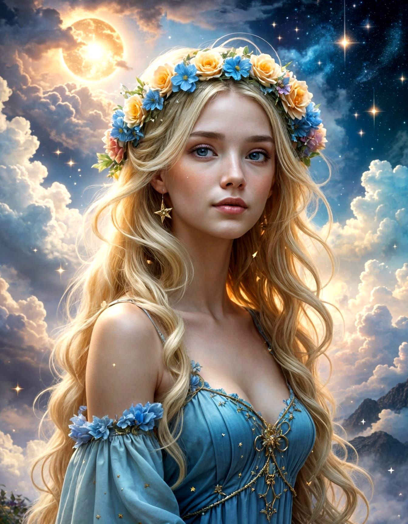 Surreal Goddess Surrounded by Celestial Dreams