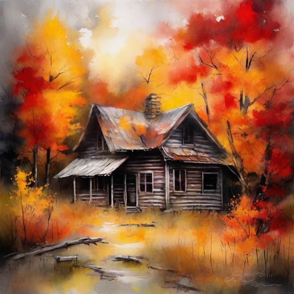 Autumn Cabin in Dark Fantasy Gouache Style
