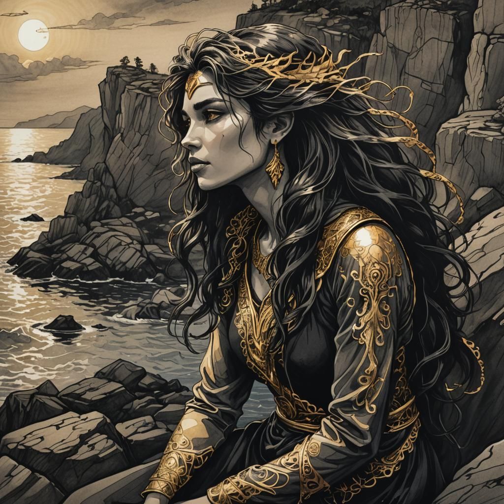 Eerie Siren Ink Drawing with Gold Highlights