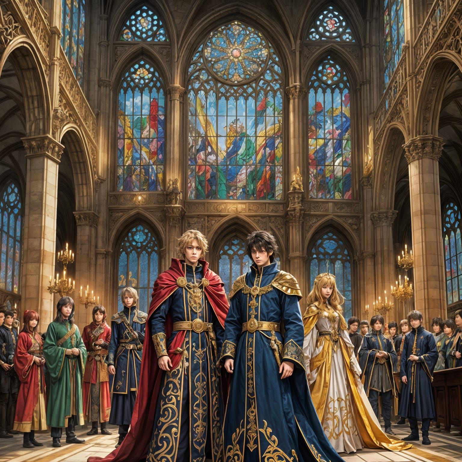 Majestic Anime Royalty in Ornate Cathedral