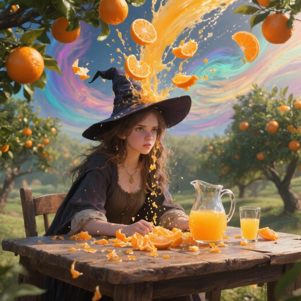 Witch Making Orange Juice in Sunlit Grove