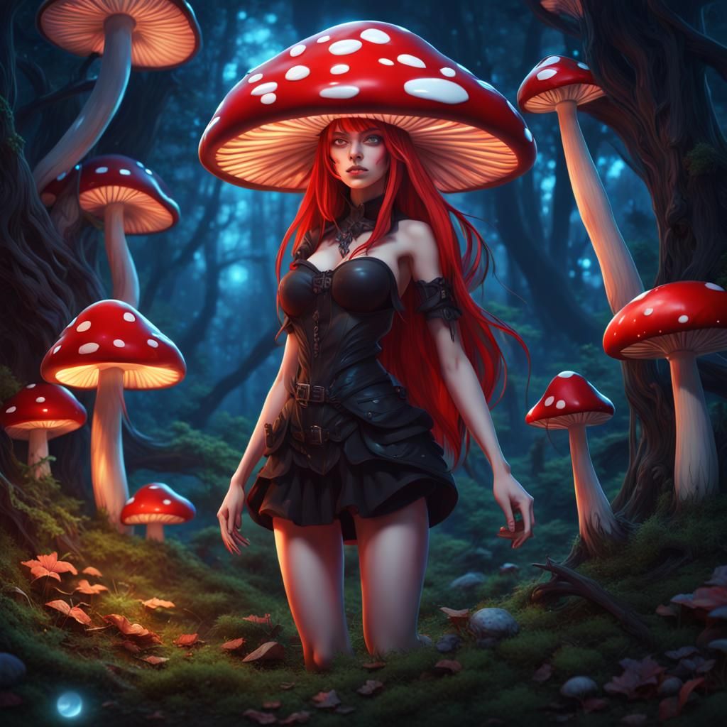 Anime Mushroom Woman in Magic Forest