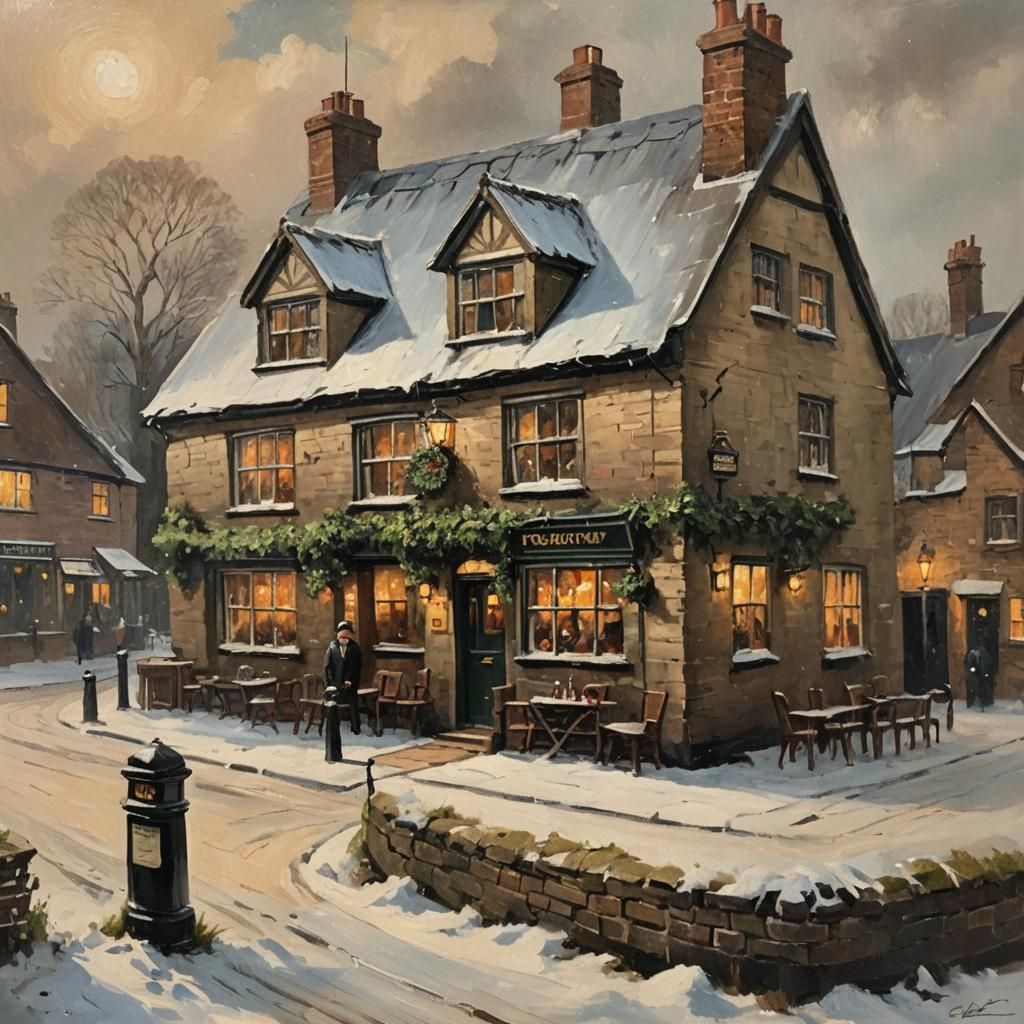 Cozy 1960s English Pub in Winter: Oil Painting