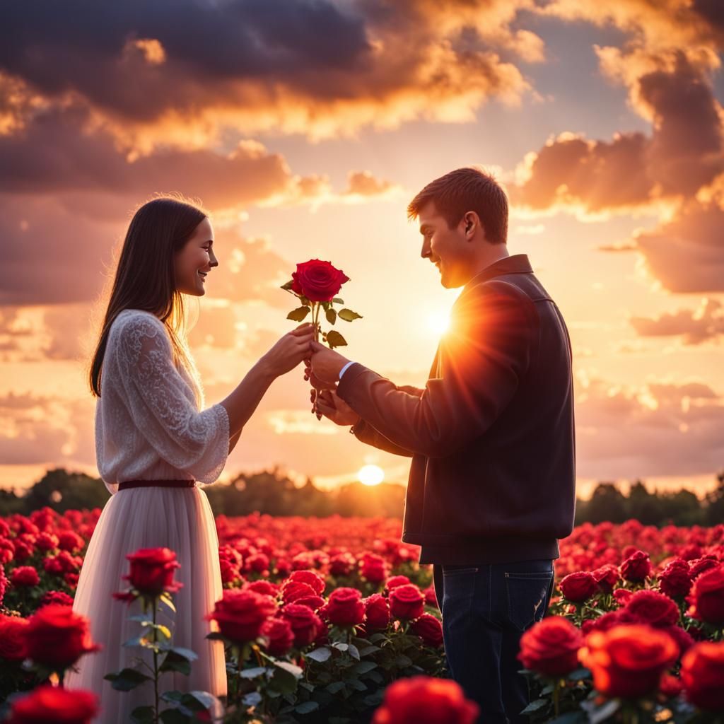 Romantic Sunset Proposal with Rose