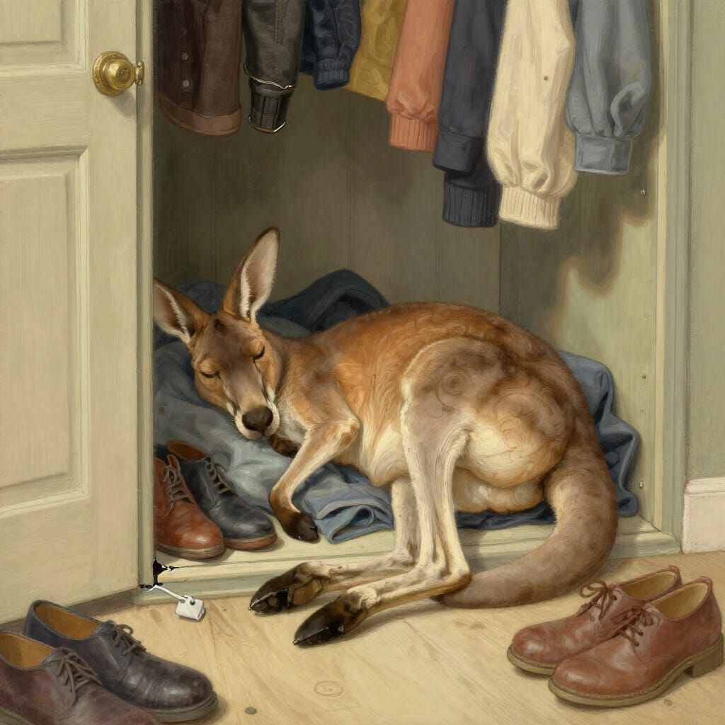 Whimsical Kangaroo Sleeps in Cluttered Closet