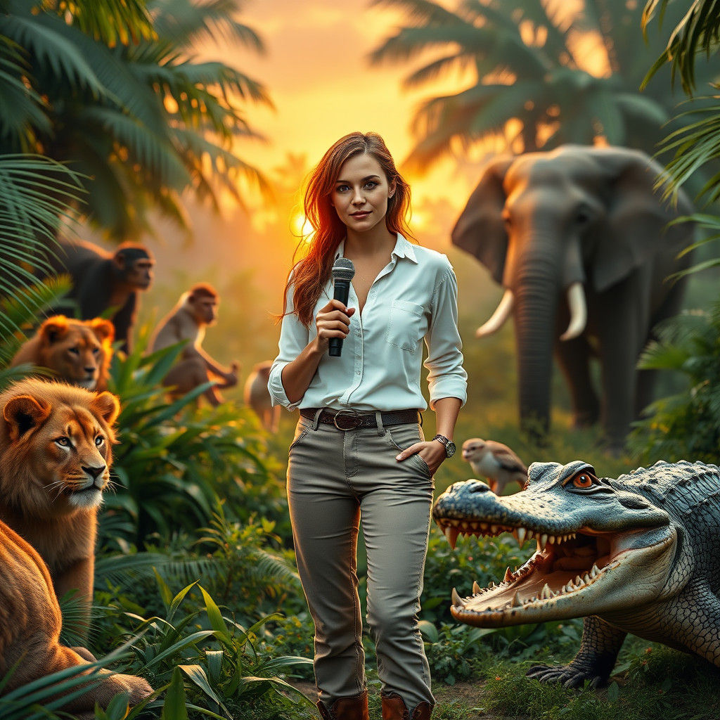 Journalist's Jungle Interview at Sunrise, Hyperrealistic Sty...