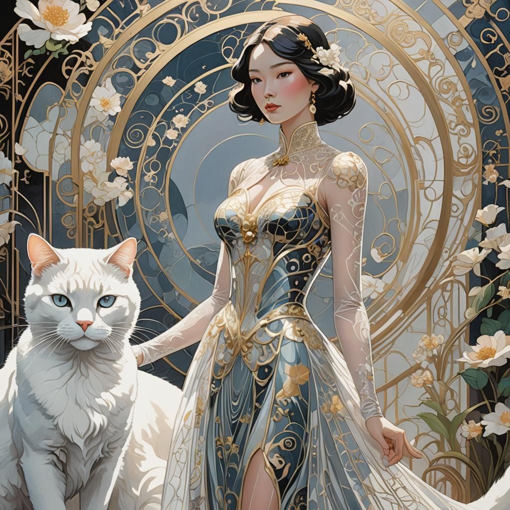 Elegant Lady with White Cat in Art Nouveau Style
