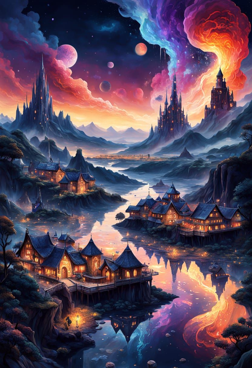 Magical Ethereal Landscape with Crystal Buildings