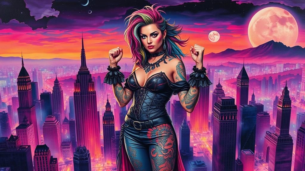 Punk Madam in Dystopian Western Cityscape as Gouache Paintin...