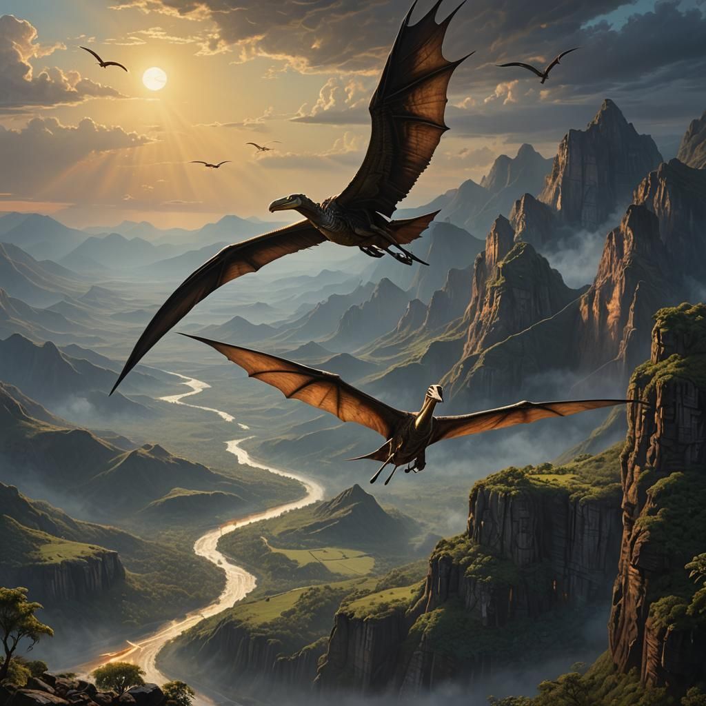 Pterosaur Soaring Over Prehistoric Valley in Oil Painting St...