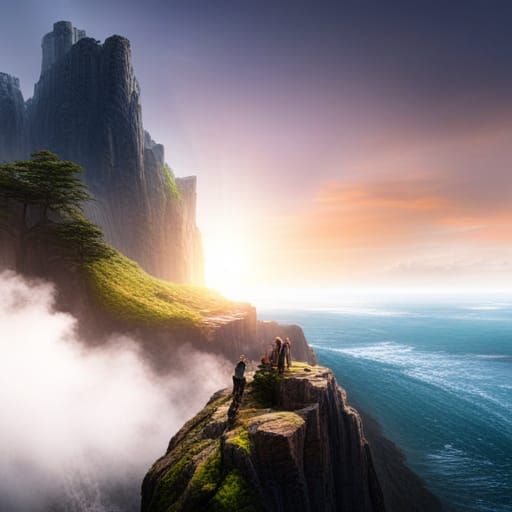 Epic Cliffside Castle with Waterfall and Sunlight