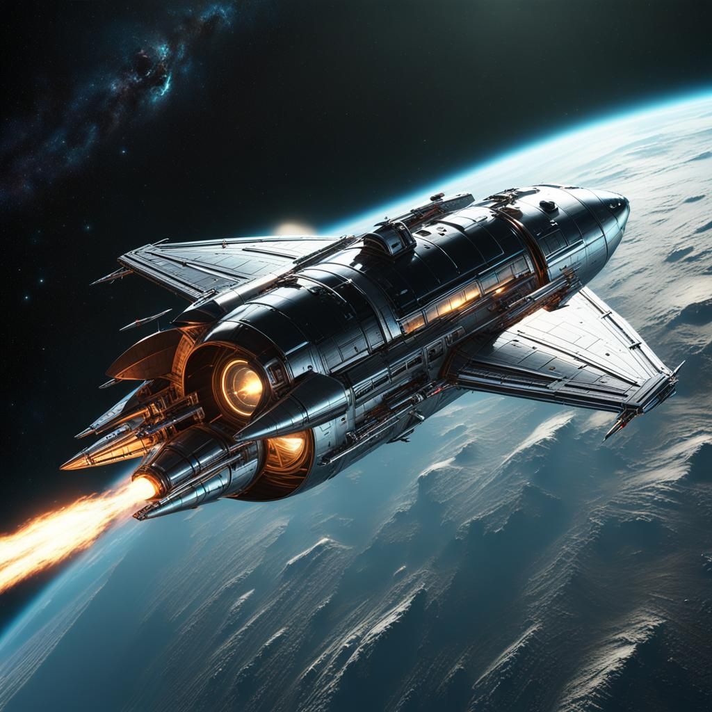 Chrome Rocket Ship Soaring in Retro Sci-Fi Style