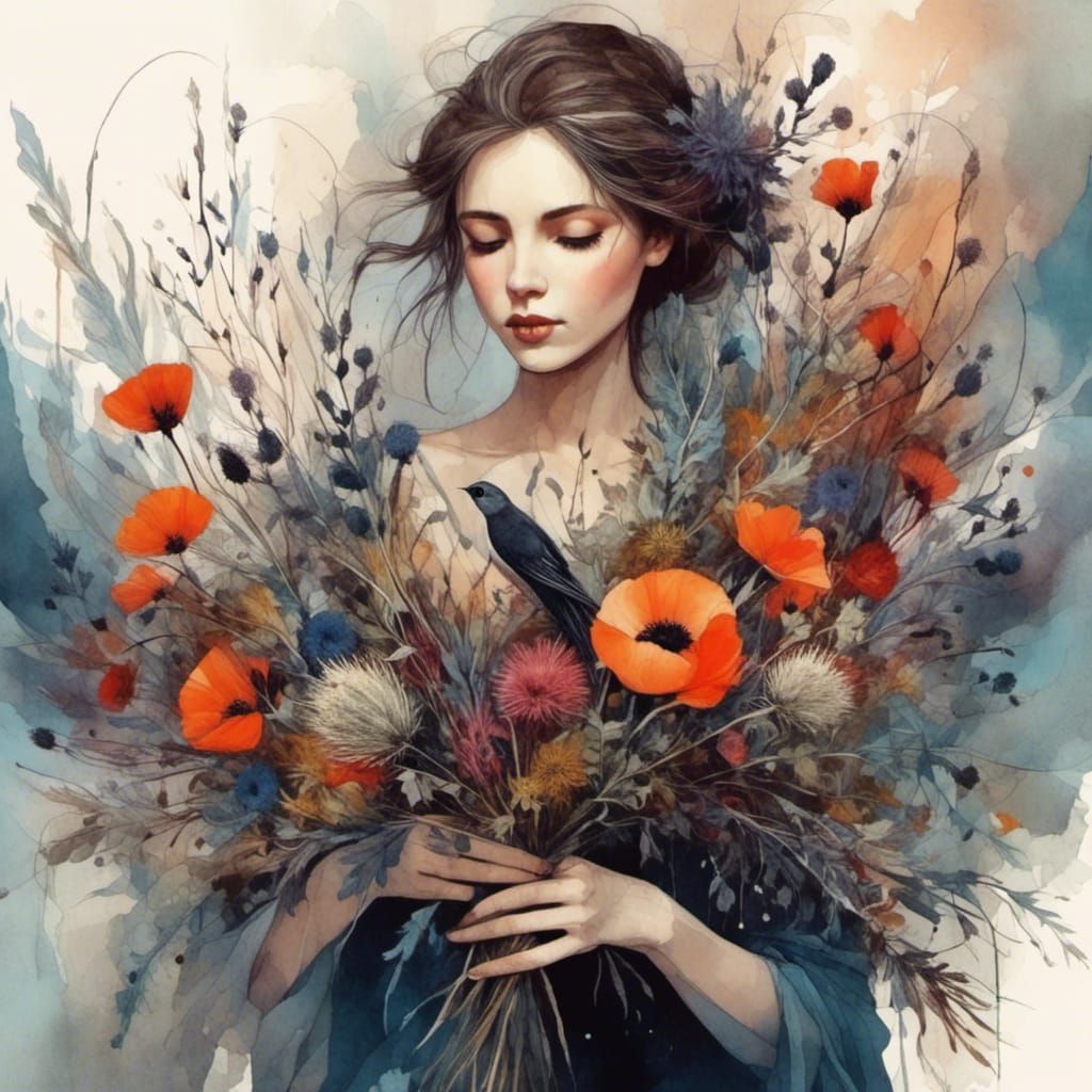 Woman with Bouquet in Vibrant Eclectic Style