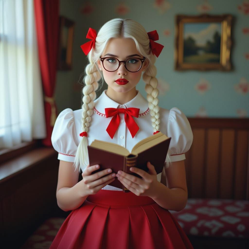 Nerdy Girl with Braided Pigtails Holds Book
