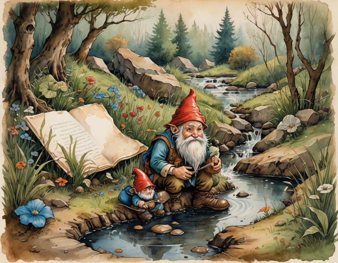 Whimsical Gnome Watercolor Painting by Stream