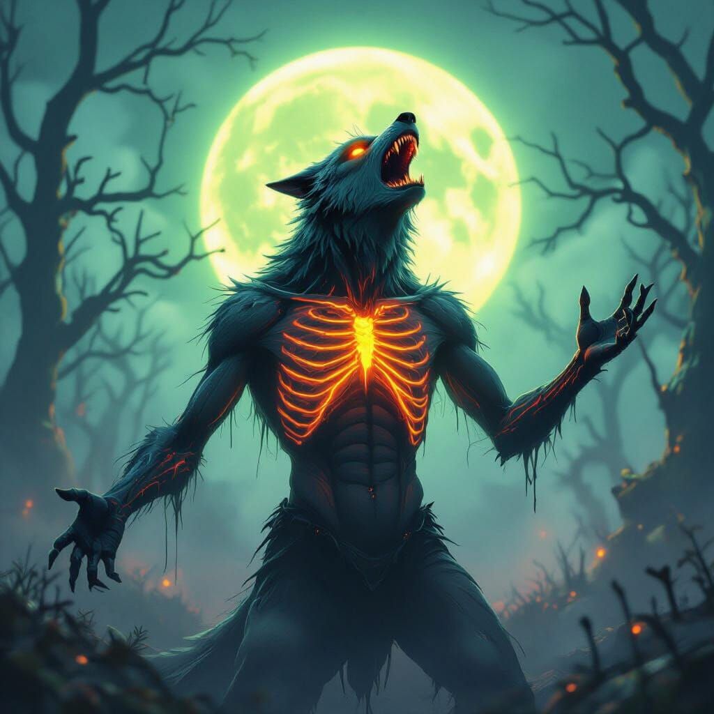 Psychedelic Werewolf Transformation Under Neon Moon