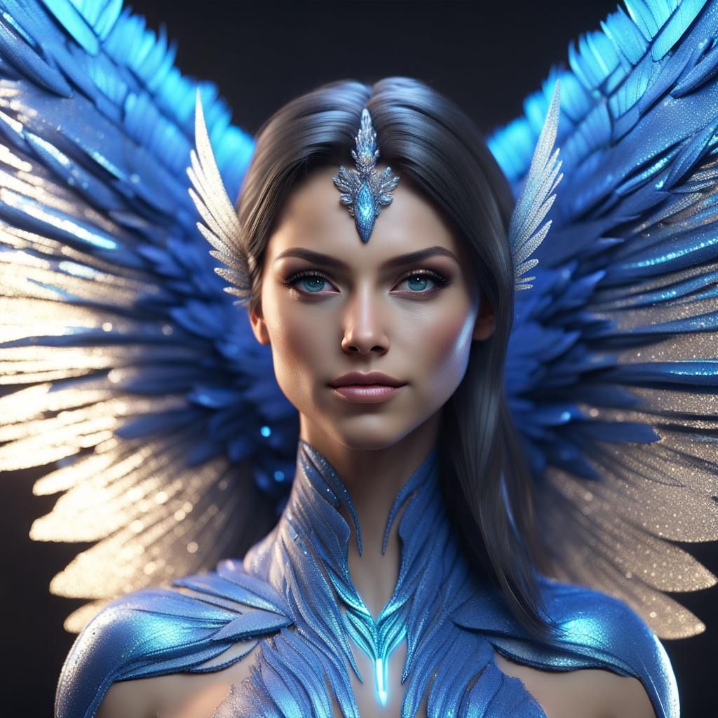 Elegant Woman with Feather Wings and Bioluminescent Glow