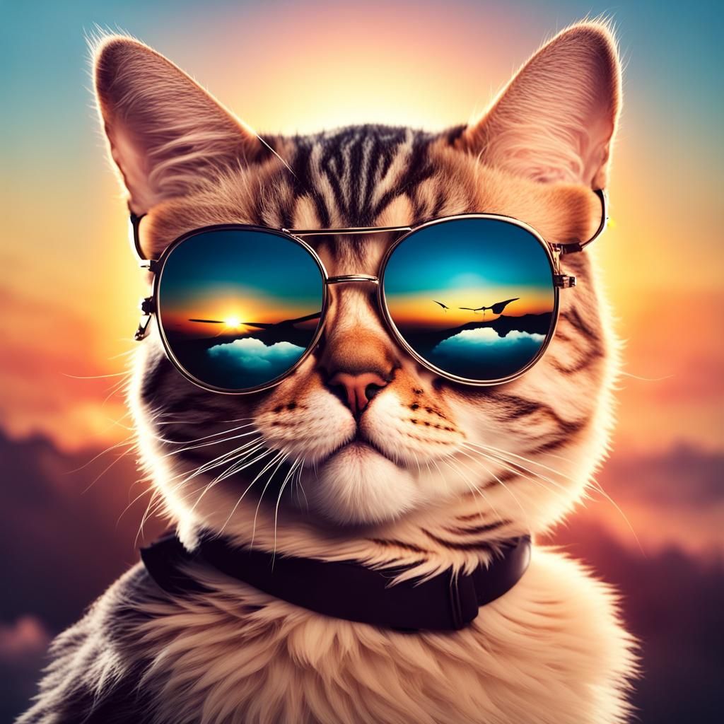 Winged Cat with Sunglasses at Sunset