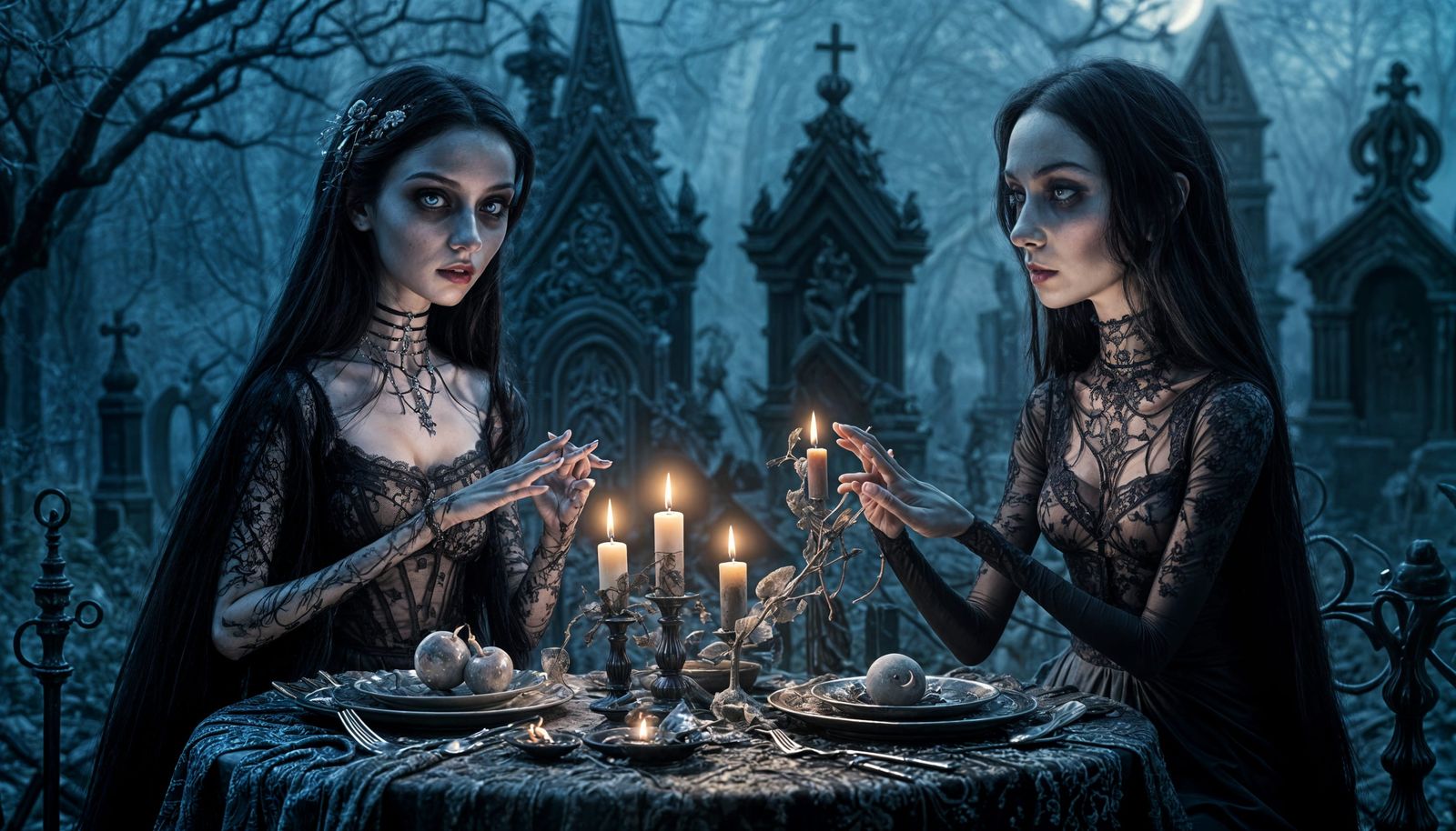 Goth Women's Romantic Dinner in Ancient Cemetery Sculpture