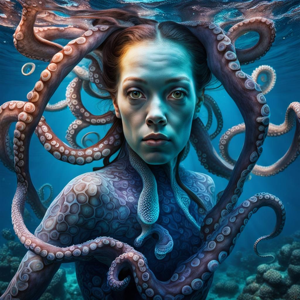 Surreal Woman-Octopus Hybrid Underwater Scene