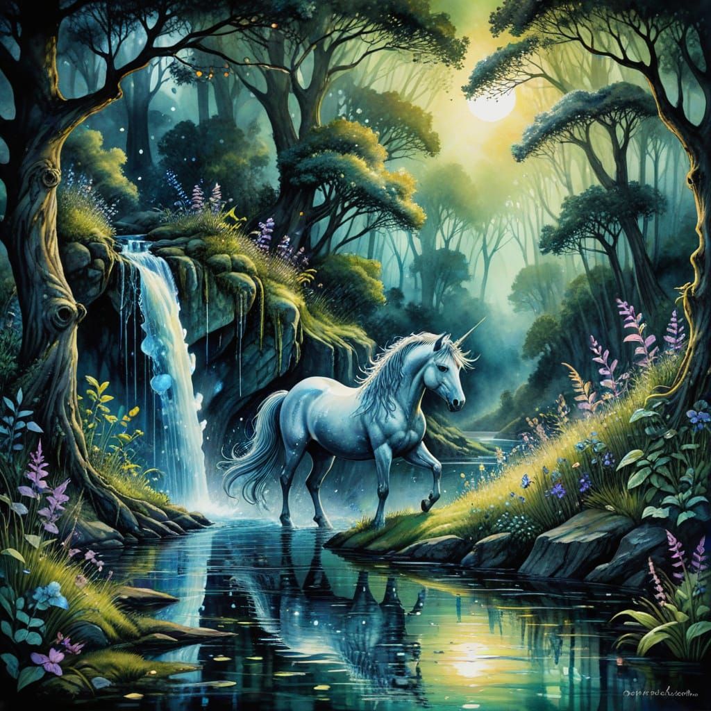 Dreamy Unicorns in a Whimsical Watercolor Nighttime Scene