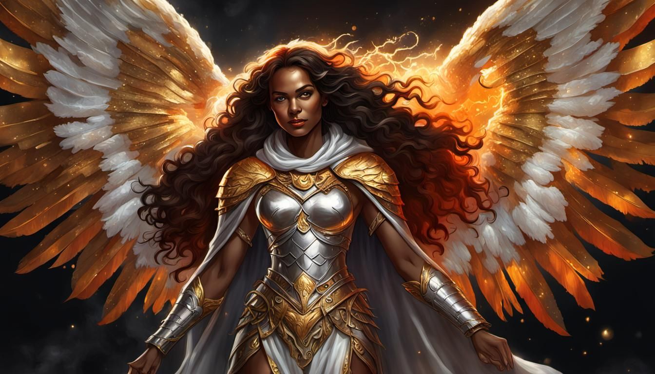 Golden Angel with Silver Wings in Dark Fantasy Style
