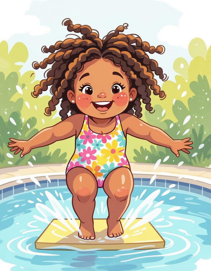 Joyful Girl's Dive: Expressive Watercolor Illustration