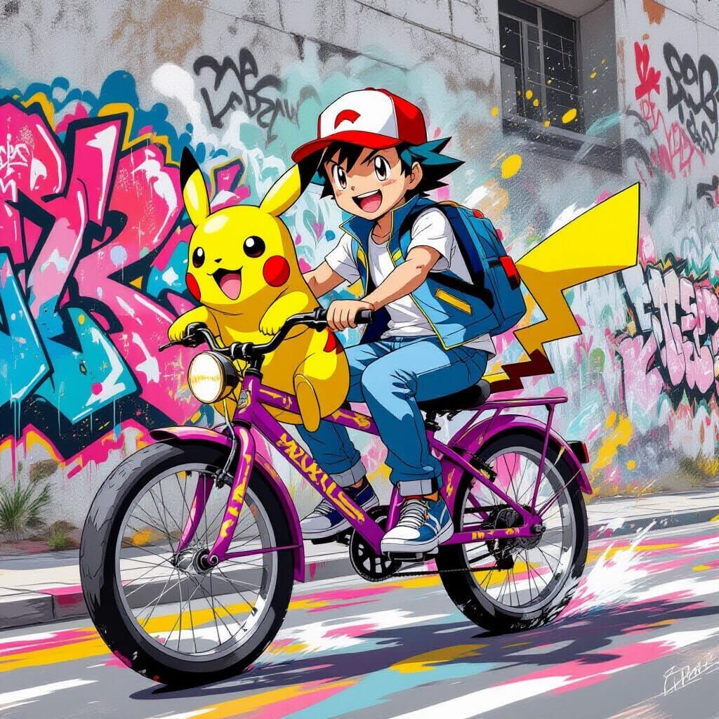 Ash and Pikachu Ride Bicycle in Graffiti Art