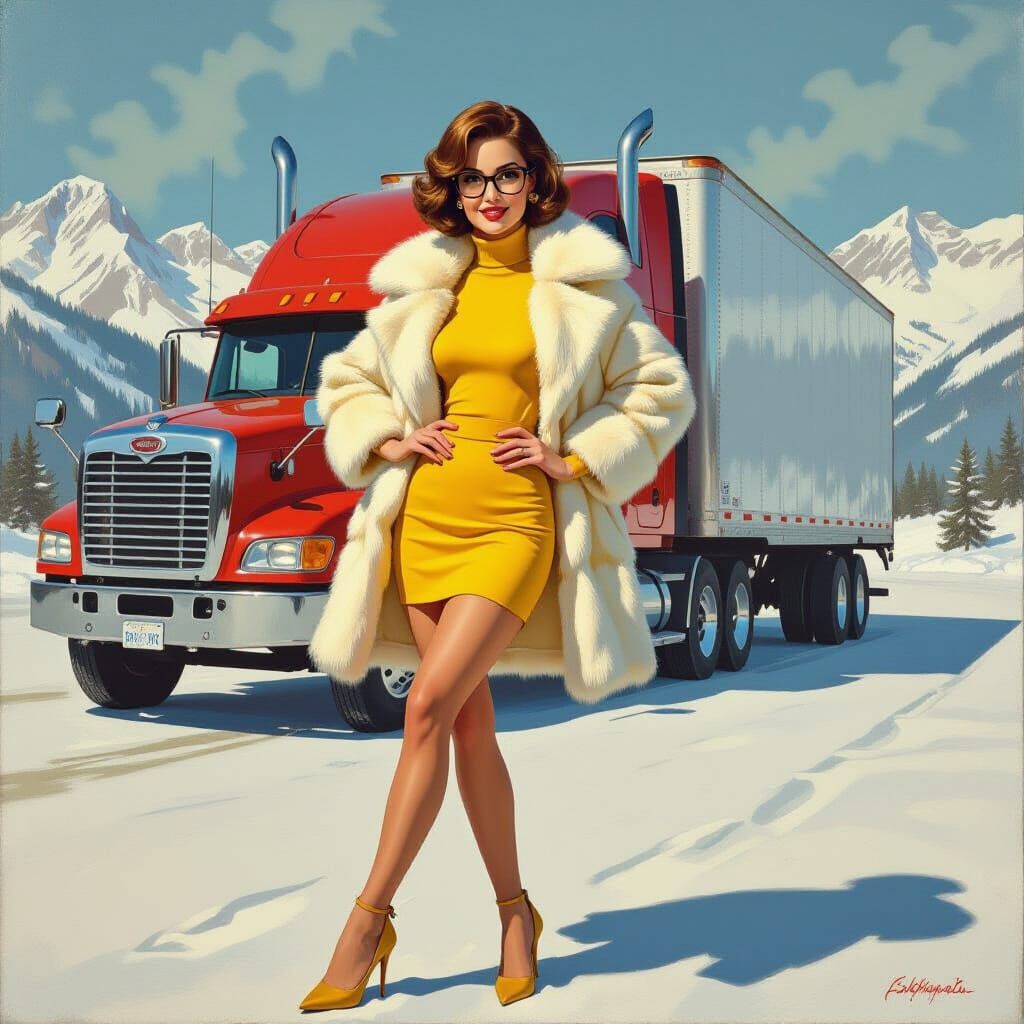 Velma Dinkley Pin-Up in Snowy Truck Stop Oil Painting
