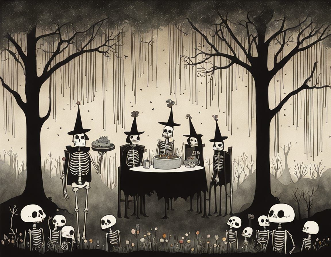 Skeleton Birthday Party in Whimsical Illustration Style