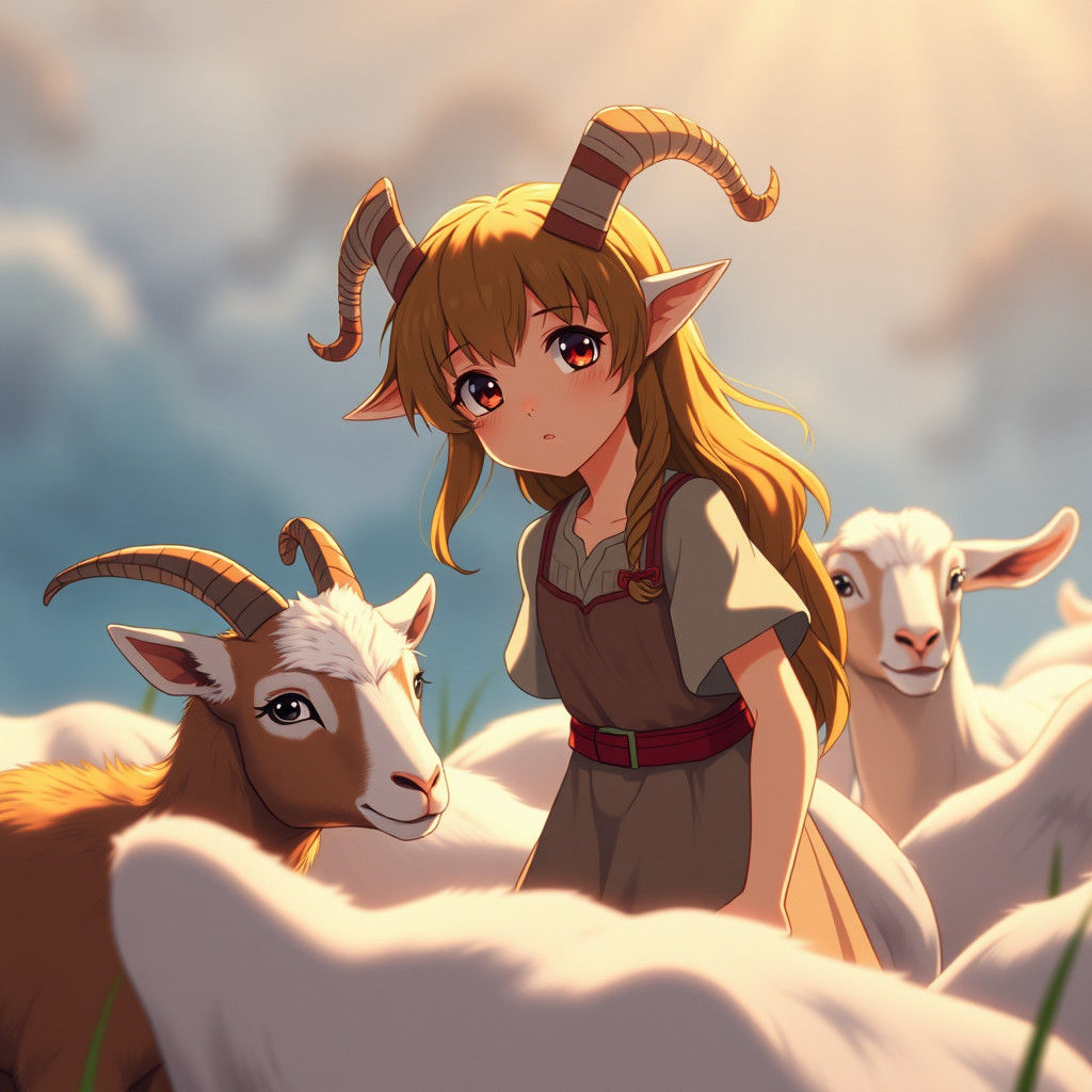 Cute Faun Girl Herding Goats: Studio Ghibli Anime