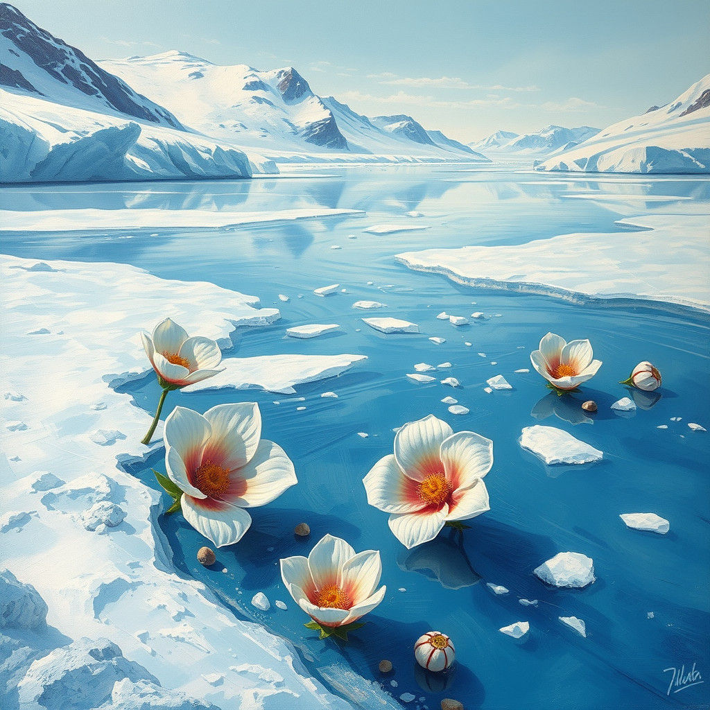 Icy River in Glacial Landscape: Neo-Expressionist Art