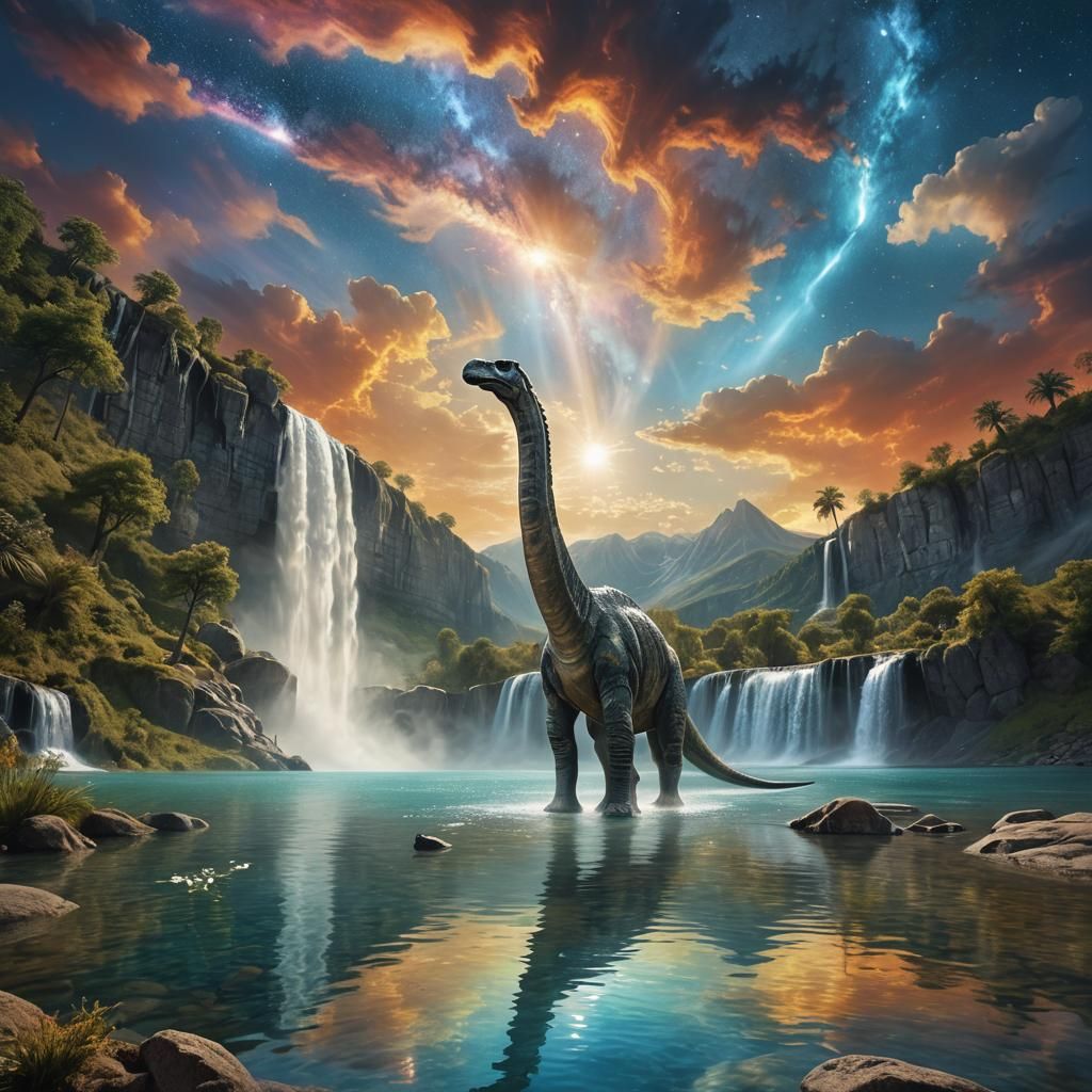 A Brachiosaurus near A waterfall